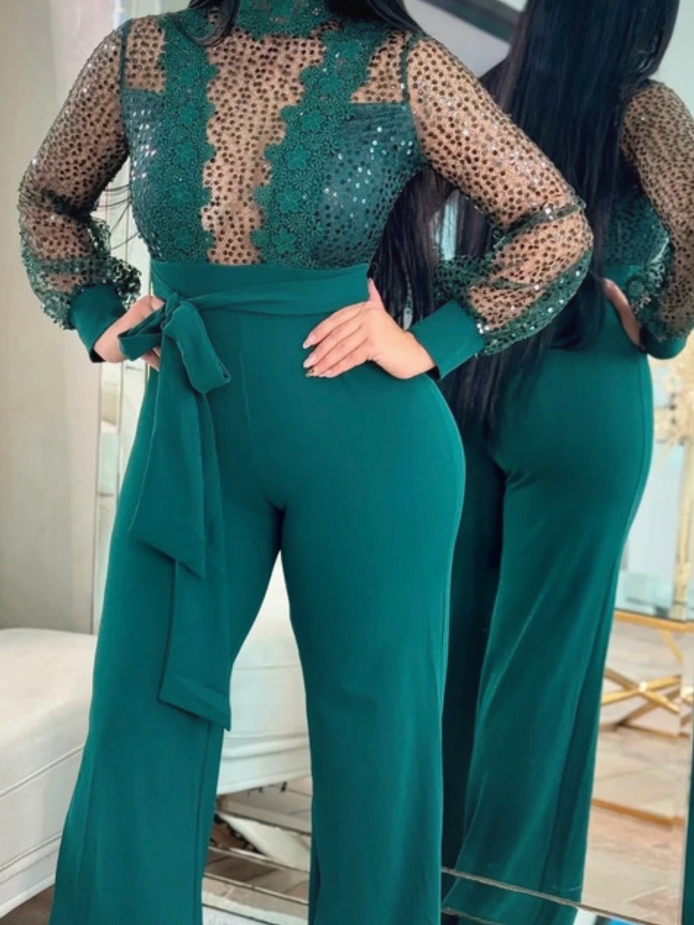 Emerald Green Sequin Lace Wide Leg Jumpsuit